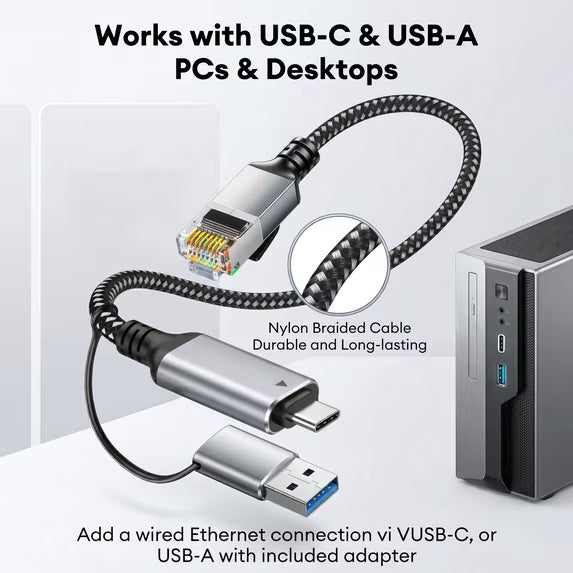 USB-C/USB-A to Ethernet Cable 3ft, Built-in Type-A Adapter, up to 1Gbps Gigabit RJ45 Lan Network Internet Adapter