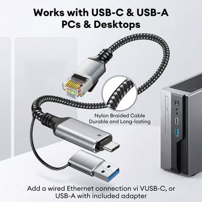 USB-C/USB-A to Ethernet Cable 3ft, Built-in Type-A Adapter, up to 1Gbps Gigabit RJ45 Lan Network Internet Adapter