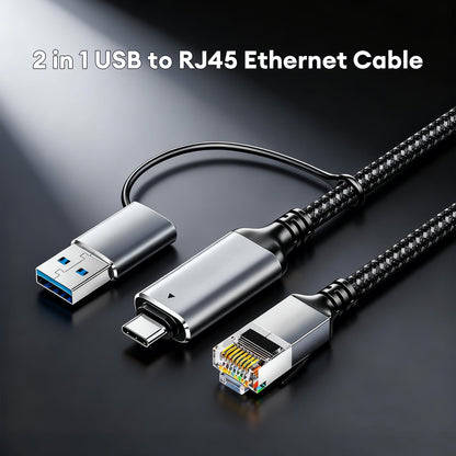 USB-C/USB-A to Ethernet Cable 10ft, Built-in USB-A Adapter, Upto 1Gbps Gigabit