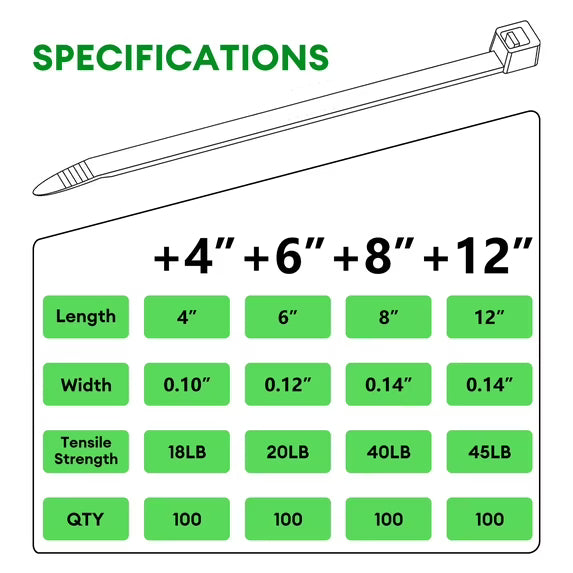 Zip Ties Assorted Size,4+6+8+12 Inch Double Sided Toothed,400 Pack