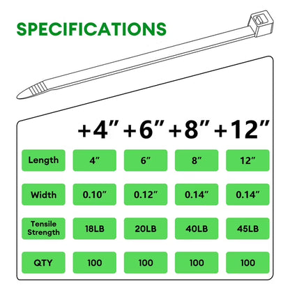 Zip Ties Assorted Size,4+6+8+12 Inch Double Sided Toothed,400 Pack