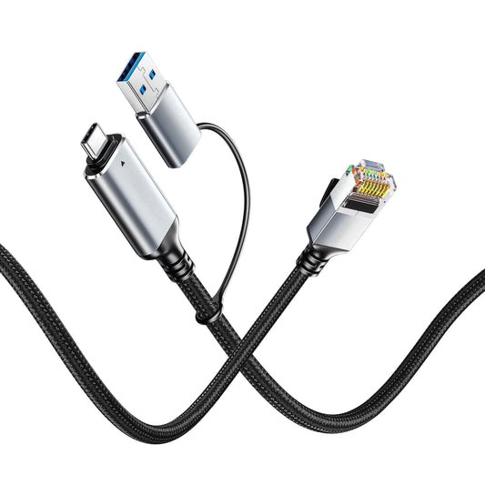 USB-C/USB-A to Ethernet Cable 10ft, Built-in USB-A Adapter, Upto 1Gbps Gigabit