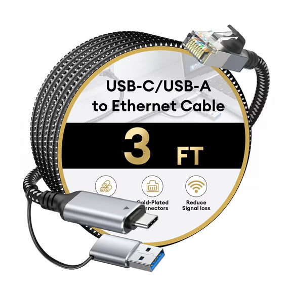 USB-C/USB-A to Ethernet Cable 3ft, Built-in Type-A Adapter, up to 1Gbps Gigabit RJ45 Lan Network Internet Adapter