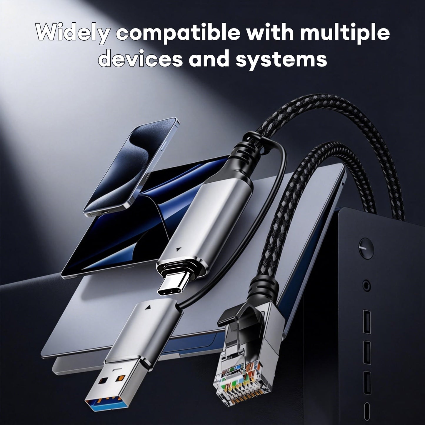 USB-C/USB-A to Ethernet Cable 10ft, Built-in USB-A Adapter, Upto 1Gbps Gigabit