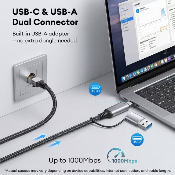 USB-C/USB-A to Ethernet Cable 3ft, Built-in Type-A Adapter, up to 1Gbps Gigabit RJ45 Lan Network Internet Adapter