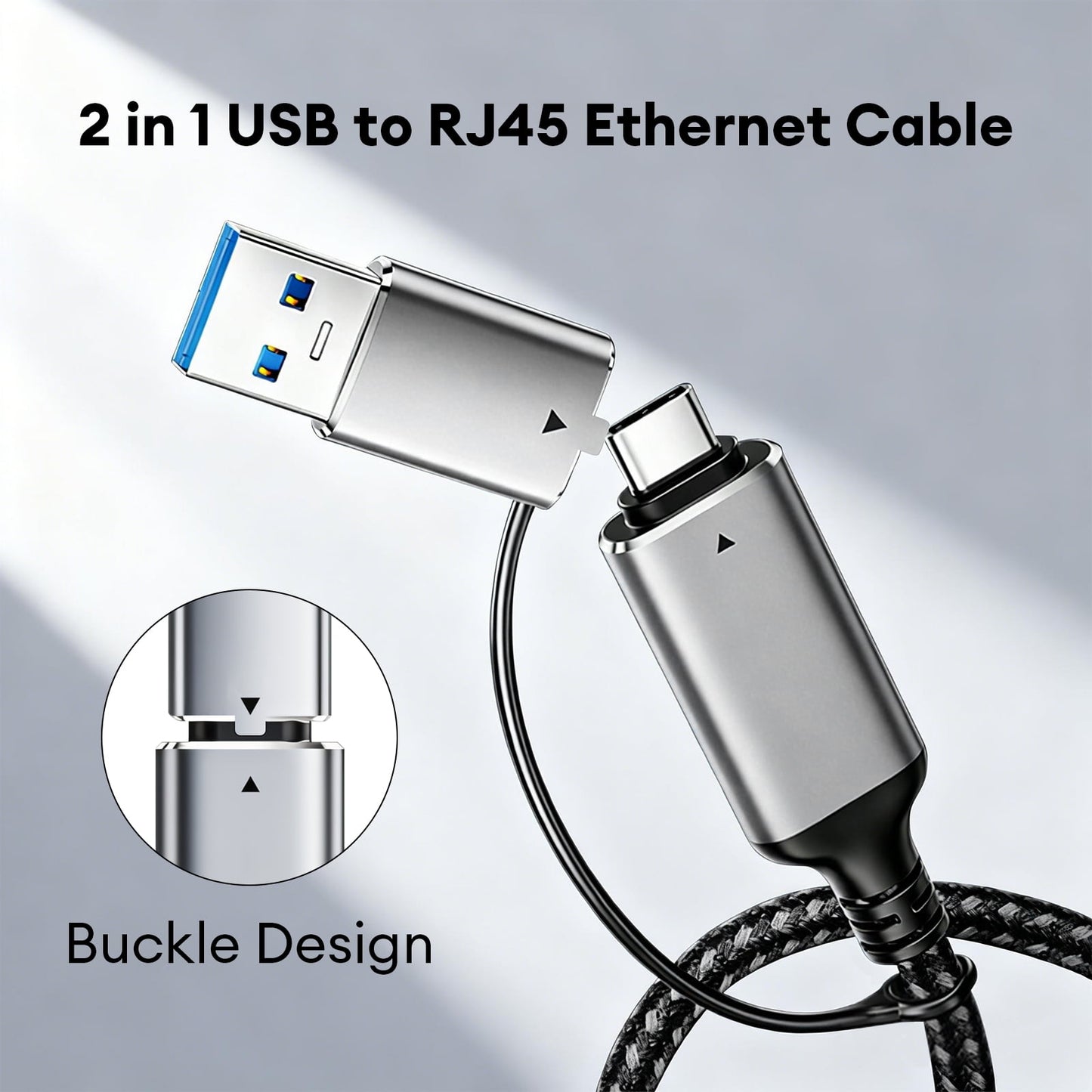 USB-C/USB-A to Ethernet Cable 10ft, Built-in USB-A Adapter, Upto 1Gbps Gigabit