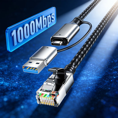 USB-C/USB-A to Ethernet Cable 10ft, Built-in USB-A Adapter, Upto 1Gbps Gigabit